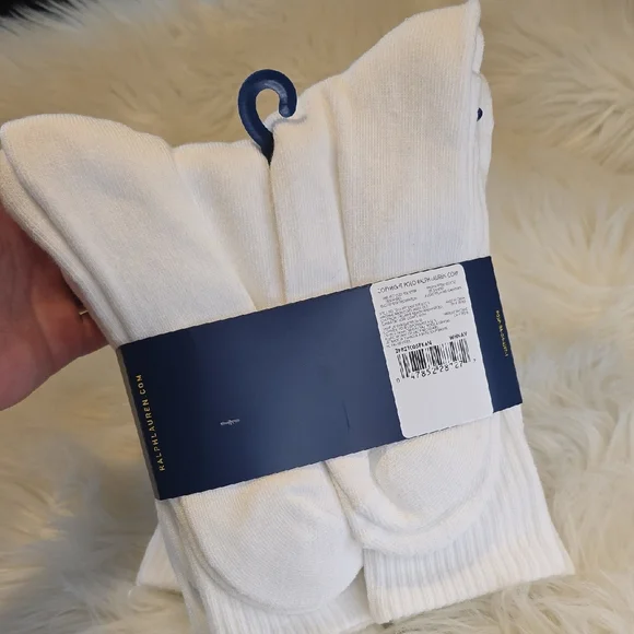 NWT Ralph Lauren White Crew Socks with NAVY BLUE Pony Accent - Picture 3 of 6